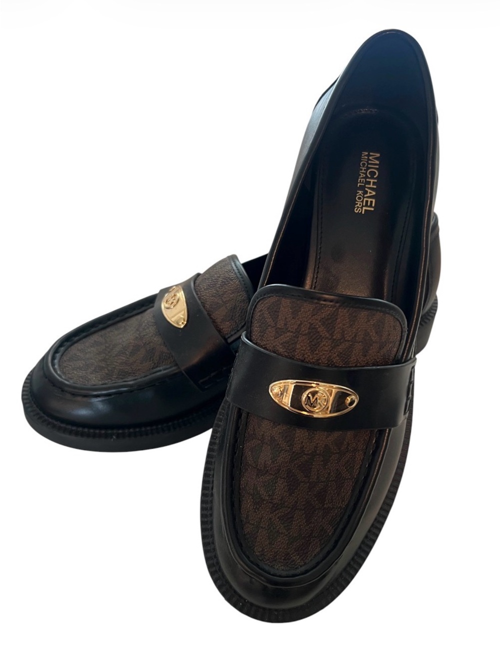 Michael Kors Black and Brown Logo Penny Loafers - Picture 2 of 4